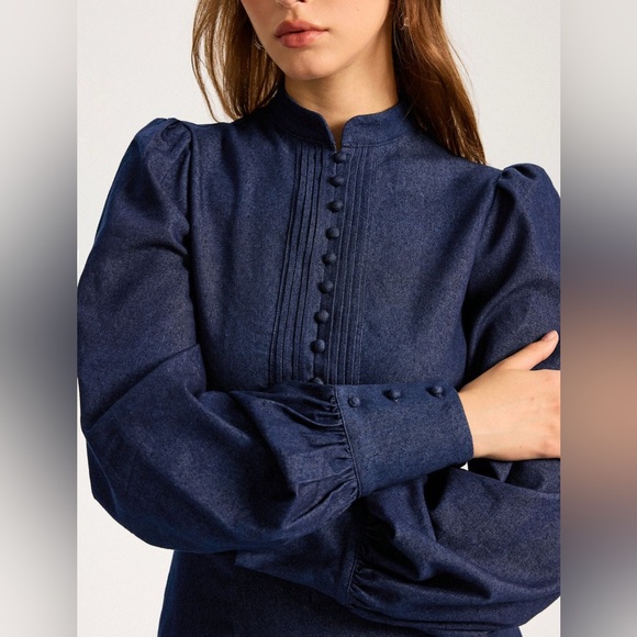 Commense Denim Stand Collar Puff Sleeve Mini Dress - Picture 3 of 8